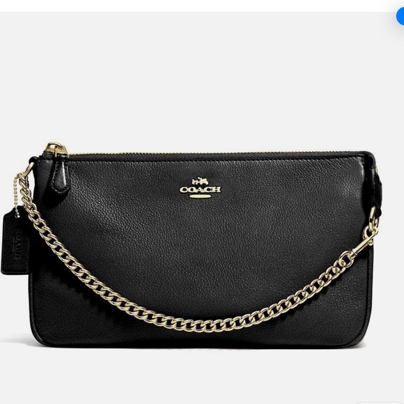 Coach NWT leveled leather large wristlet with chain clutch black gold - Picture 1 of 16